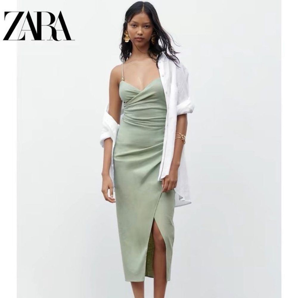 Zara Women's Green Slip Dress Summer Spaghetti Strap Beaded Midi Ruched Large